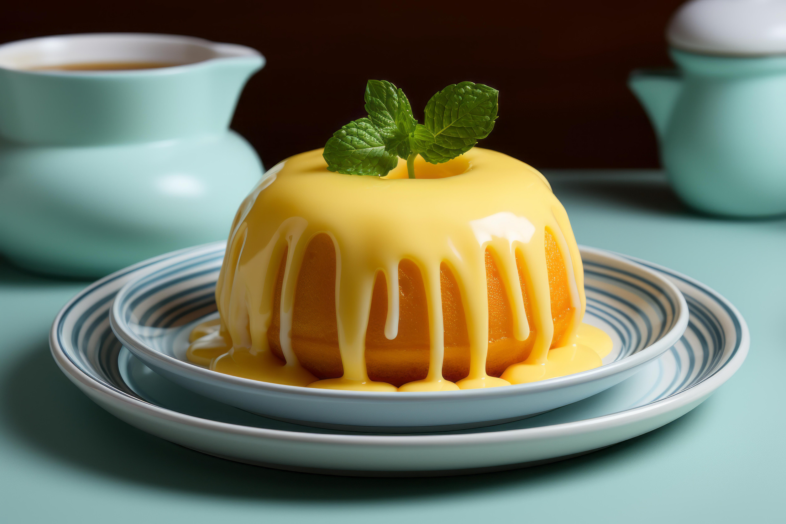 A Dessert On A Plate With A Cup Of Tea In The Background