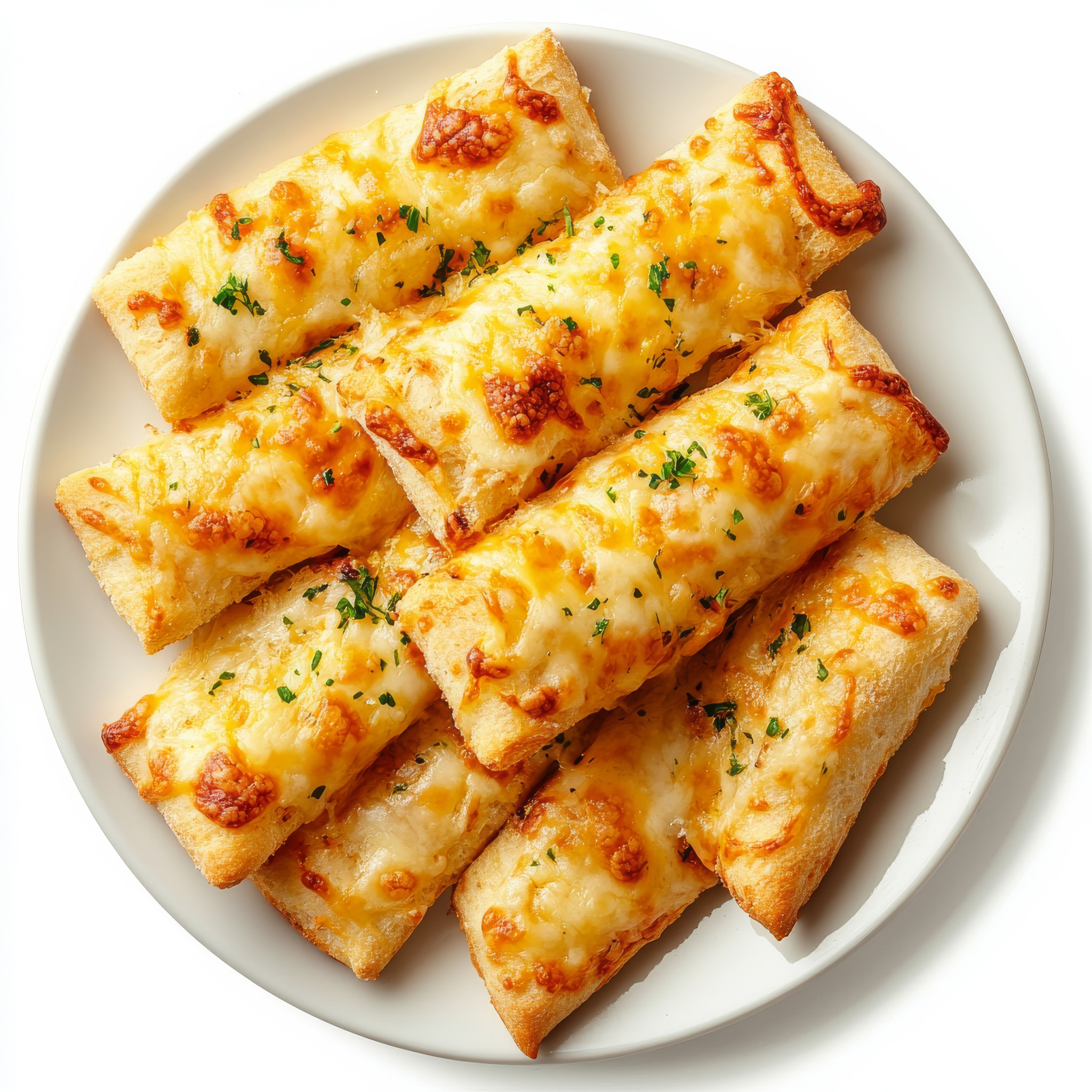 A Plate Of Cheesy Garlic Breadsticks Isolated On A White Background