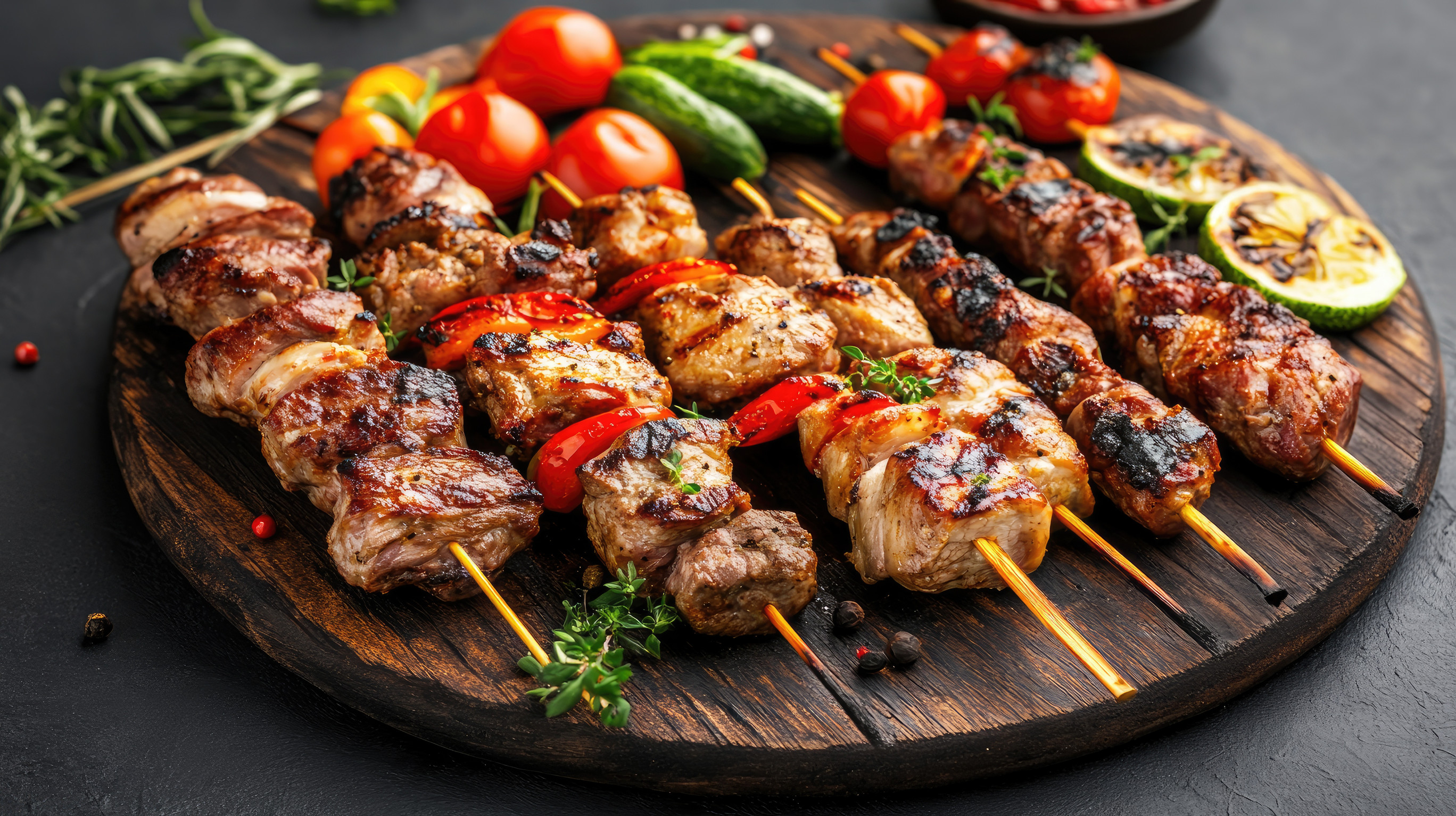 A Vibrant Platter Of Grilled Skewers Featuring Assorted Meats And Colorful Vegetables Perfect