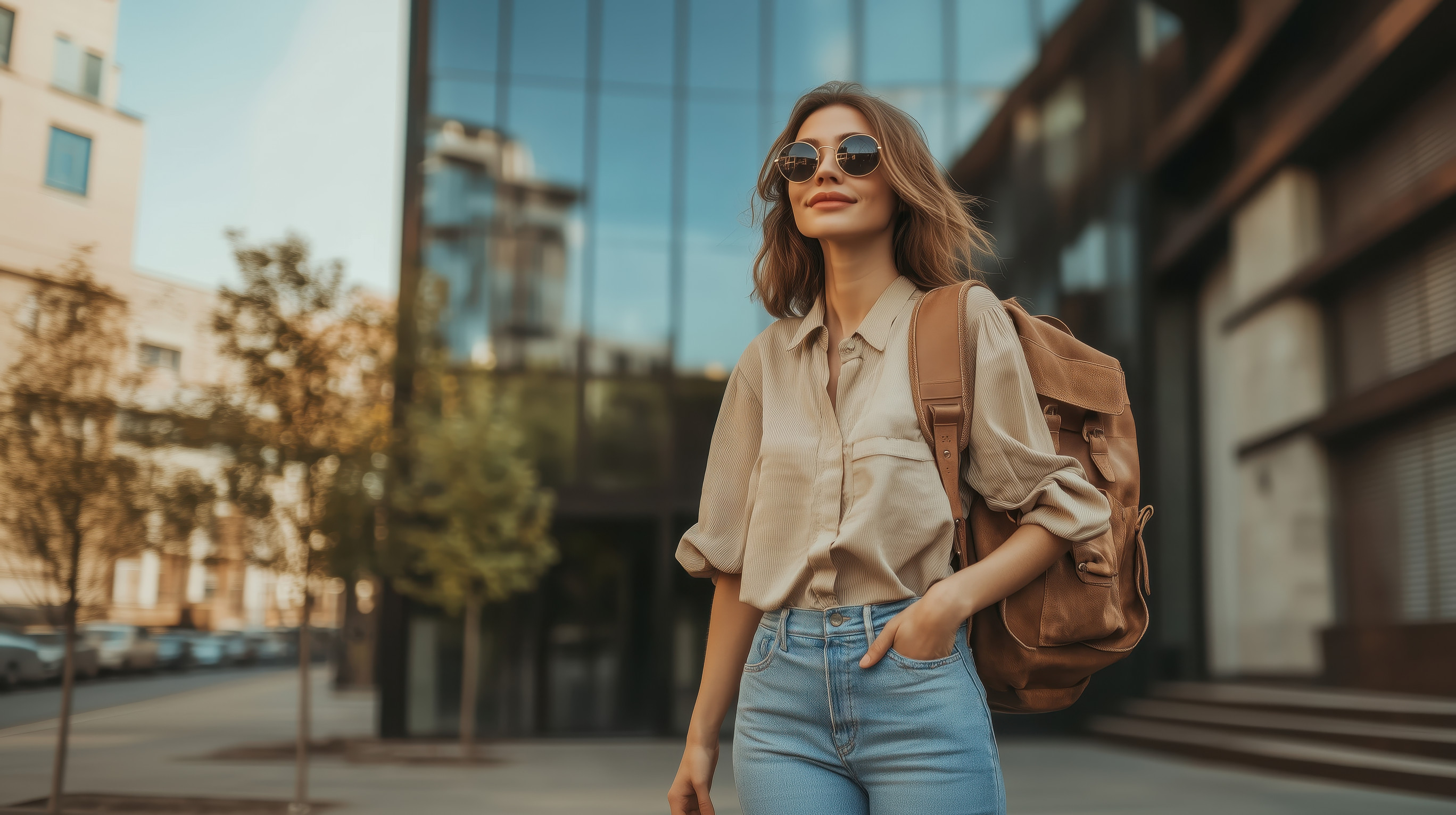 A Woman Dressed In A Light Colored Shirt And Denim Jeans Strolls Leisurely