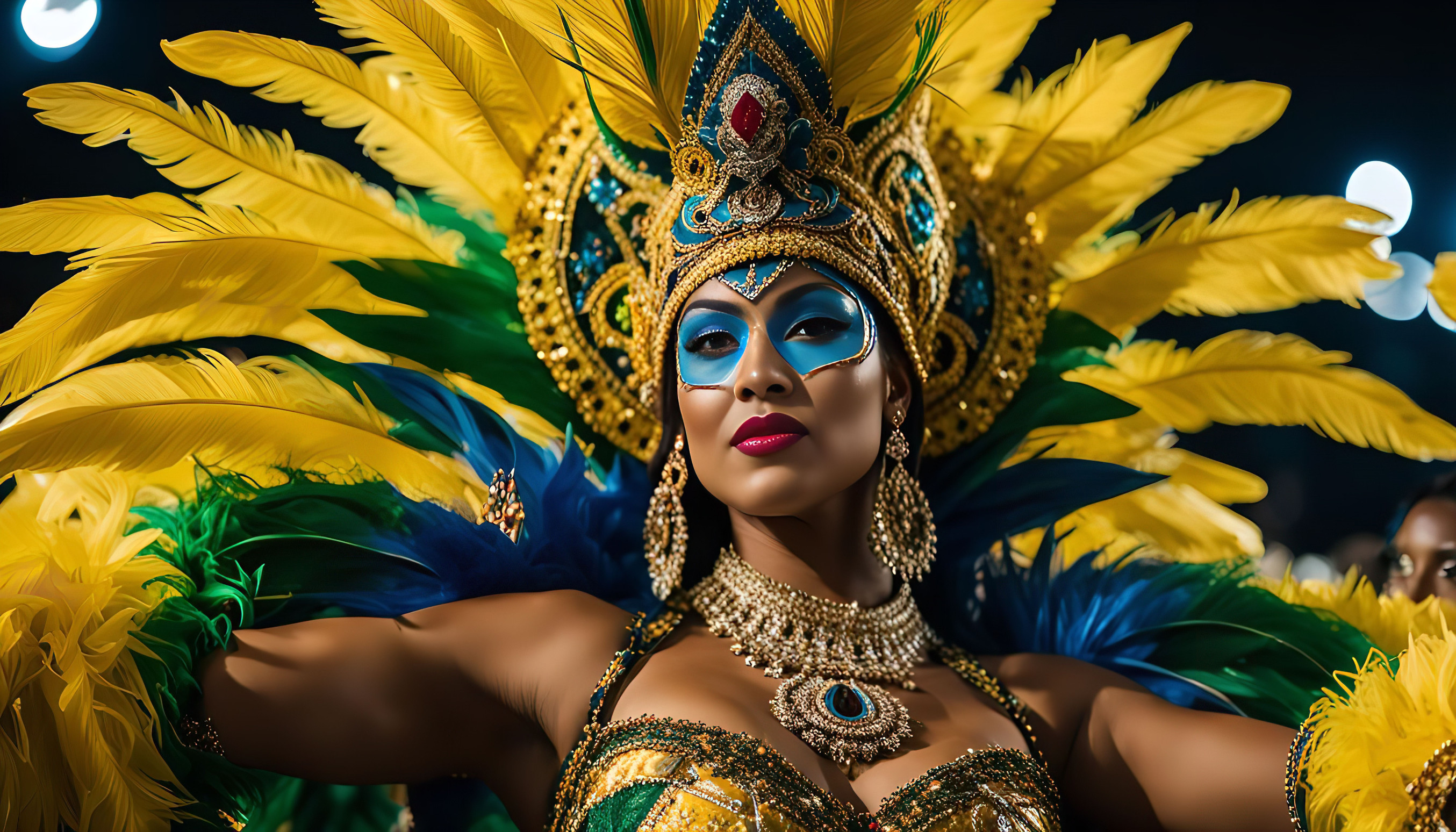 A Woman In A Vibrant Carnival Costume With Elaborate Feathers