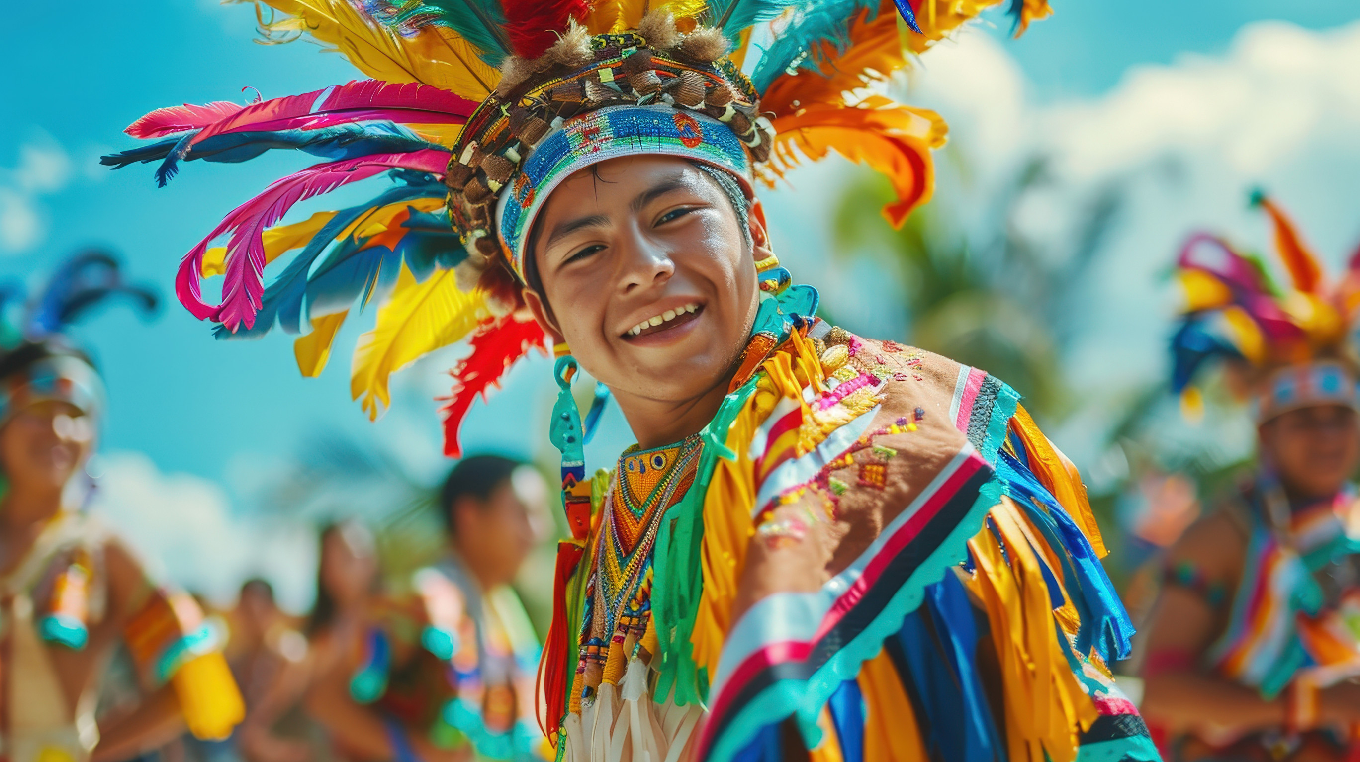 A Young Quetzaltec Male Dancer Energetically Performs A Traditional Dance