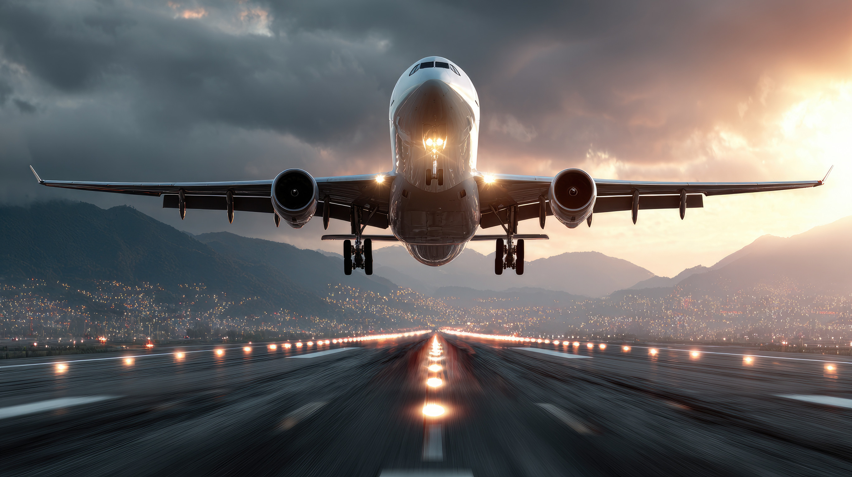 Airplane Landing At Airport With Runway