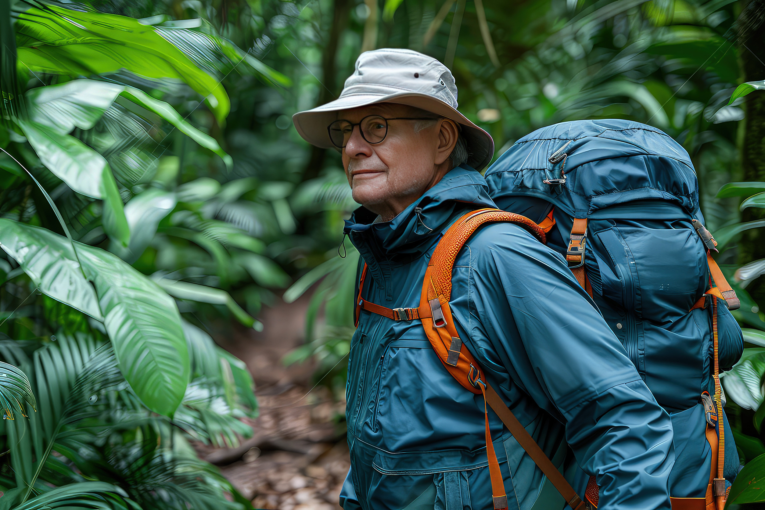 An Old Caucasian Man With Backpack During A Hike In A Forest The Old Man Pauses