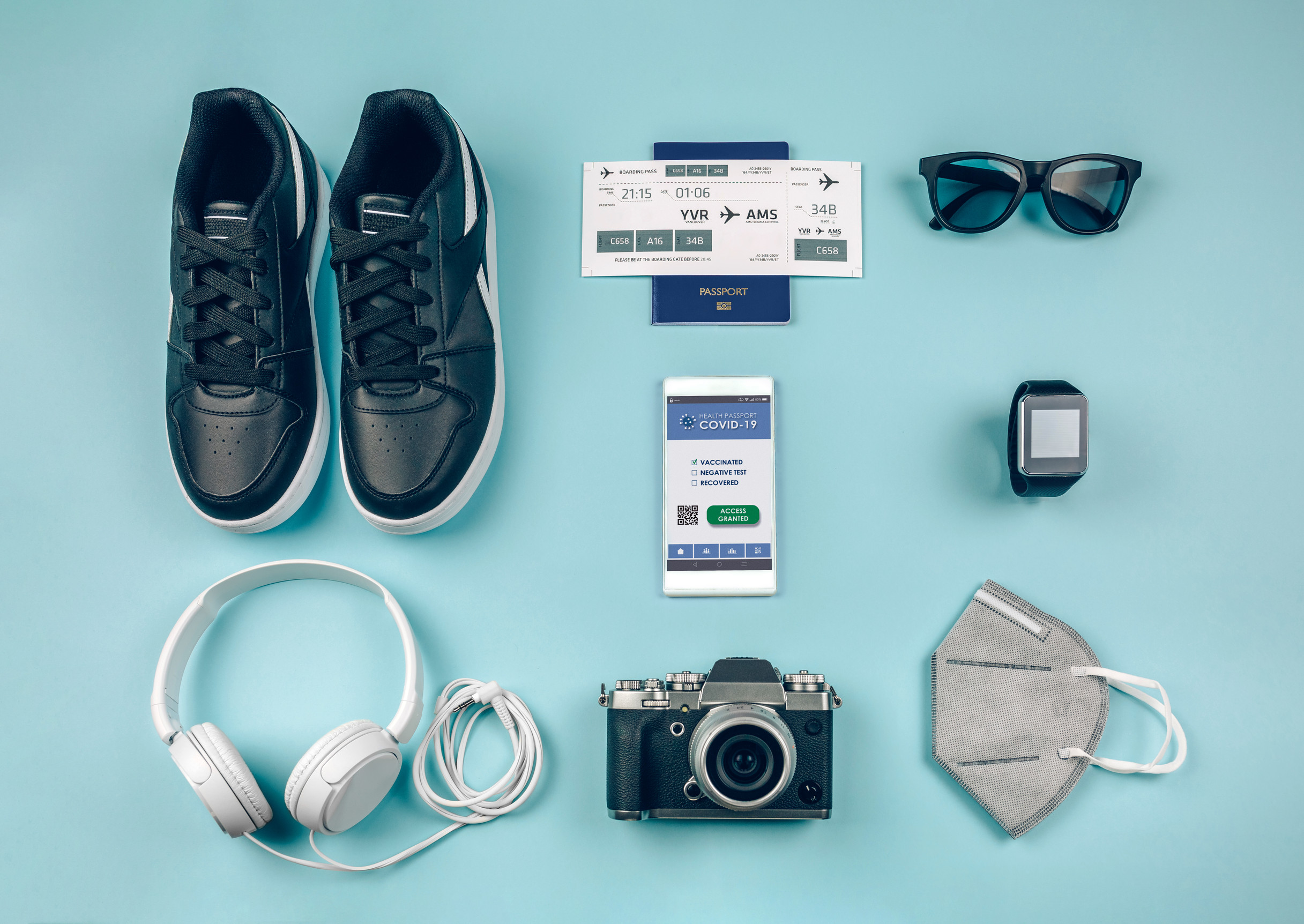 Background Set With Mobile Covid Passport And Urban Holiday Accessories