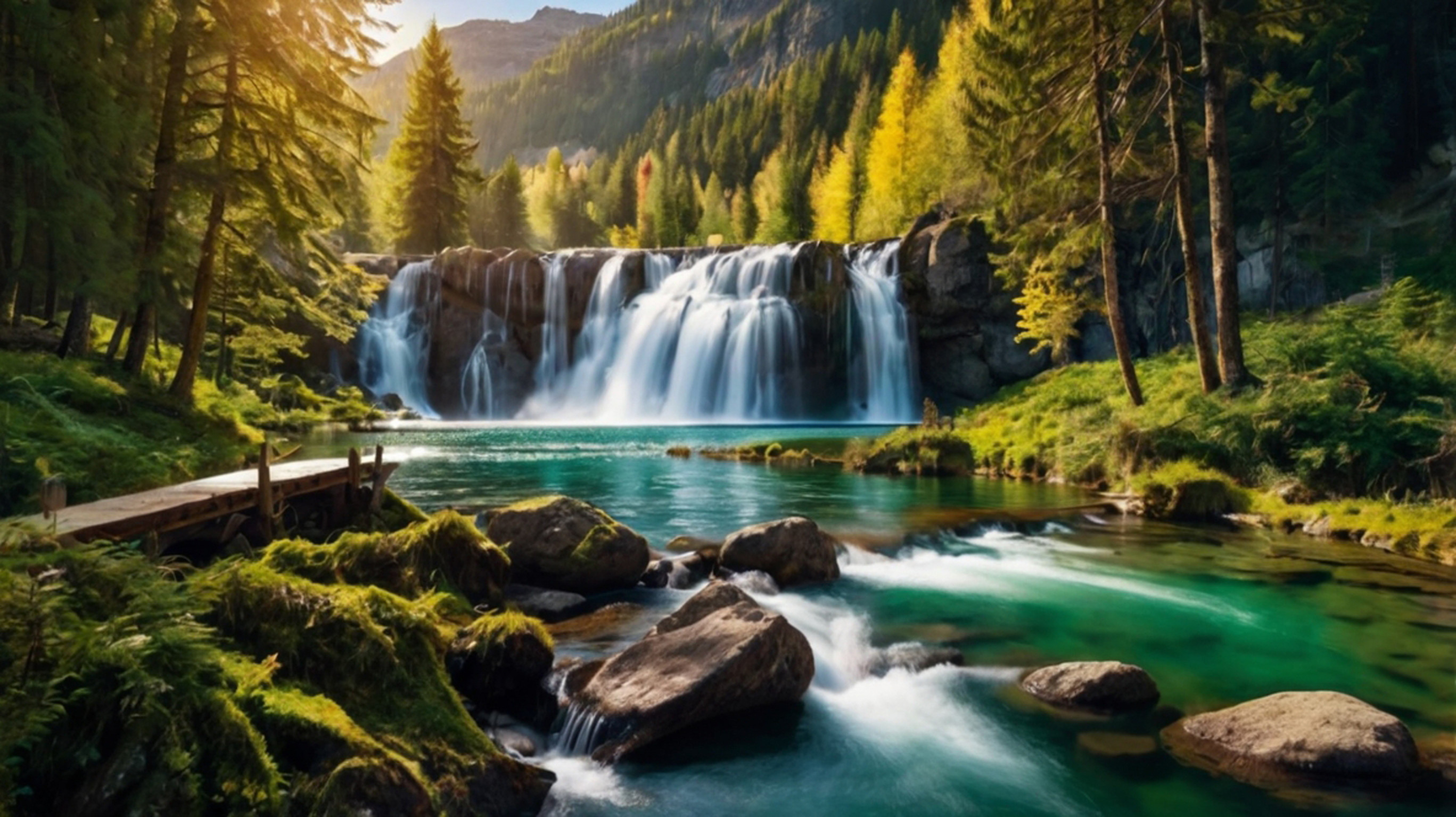 Beautiful Waterfall In Green Forest At Sunset Waterfall