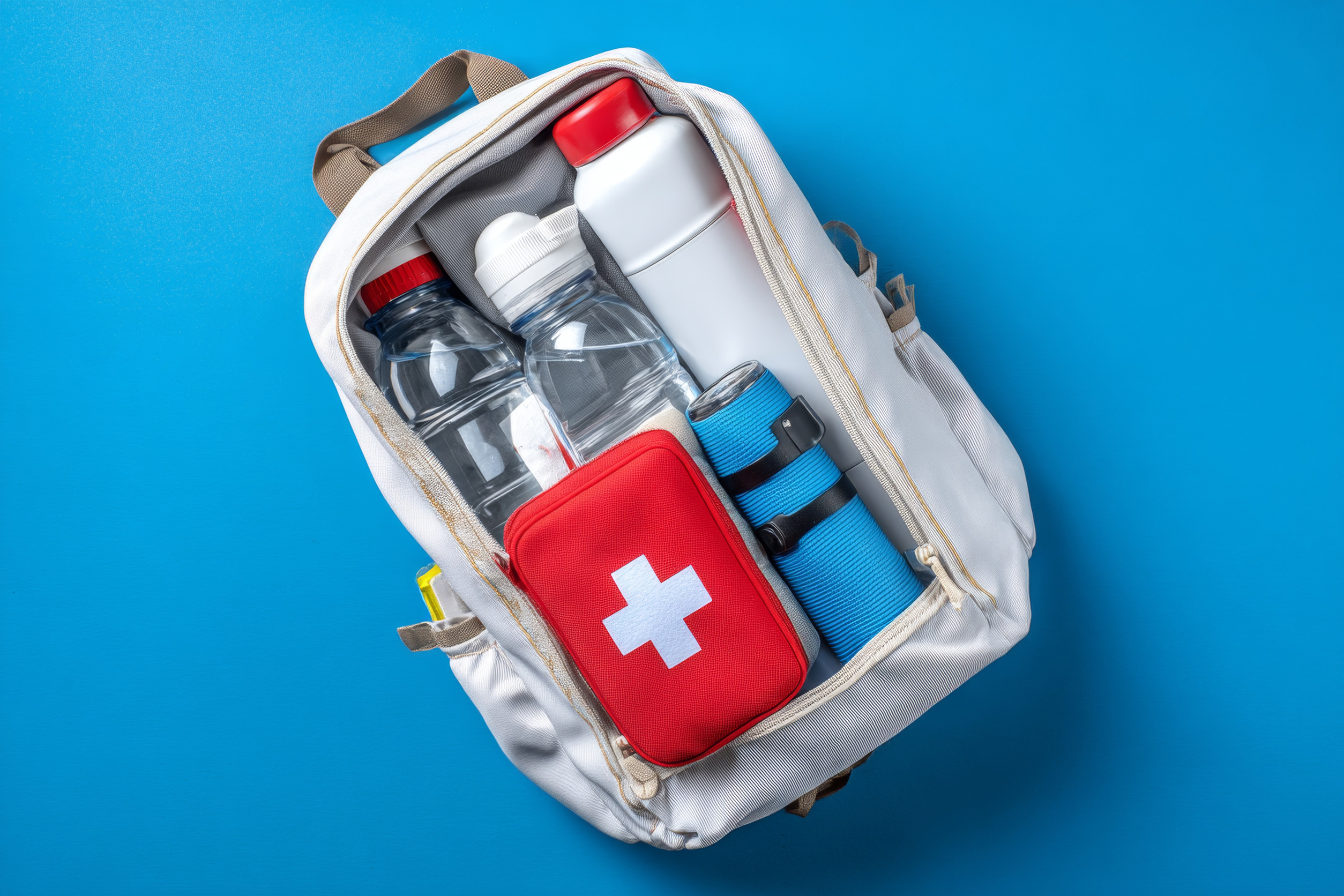 First Aid Kit In Open Backpack With Bottles