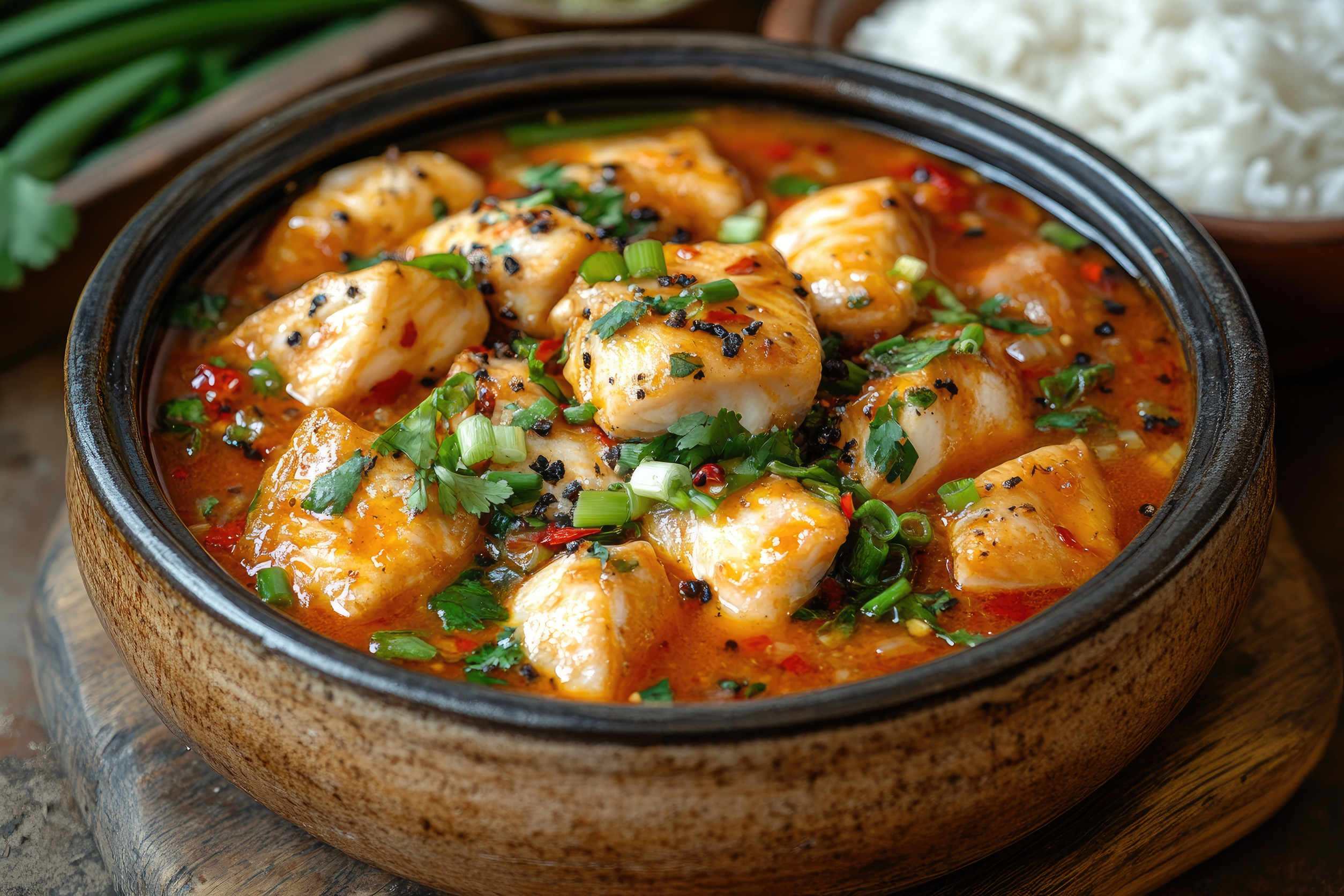 Flavorful Chicken Stew Garnished With Herbs And Served With Rice