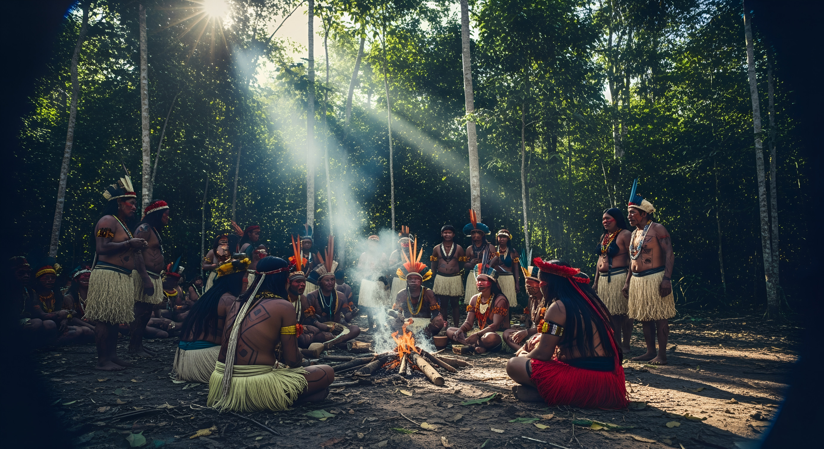Group Of Indigenous Individuals Gathered Around A Fire