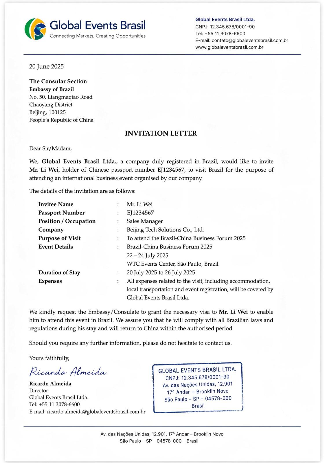 Invitation Letter From A Brazilian Company