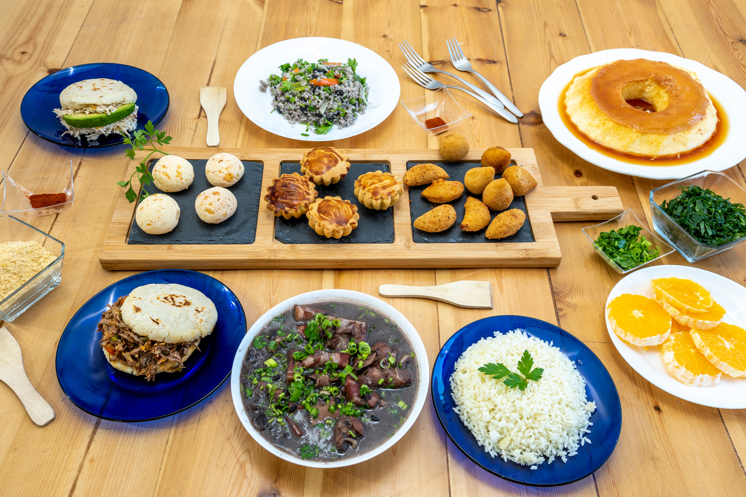 Set Of Delicious Brazilian Food Dishes With Rice Feijoada Desserts