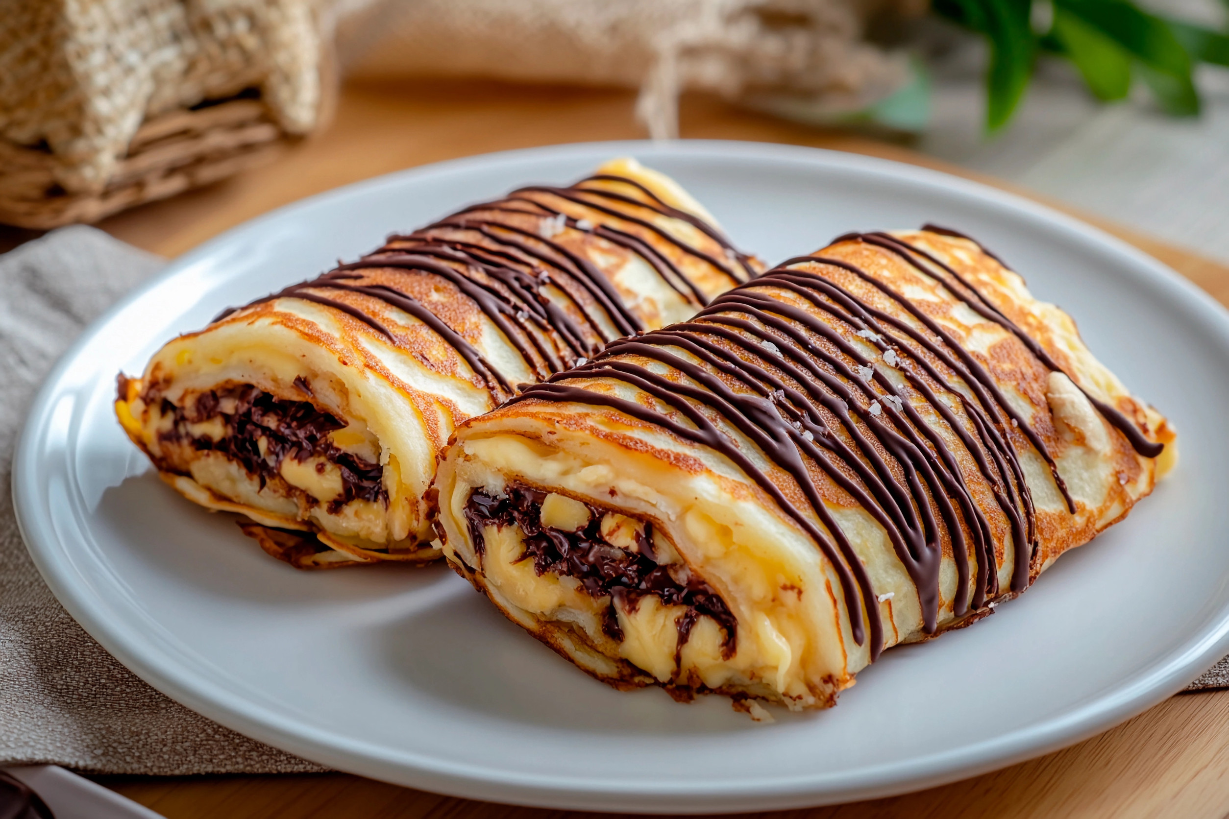 Soft Crepes Filled With Sweet Chocolate And Nuts Are Elegantly Presented On A White Plate Garnished