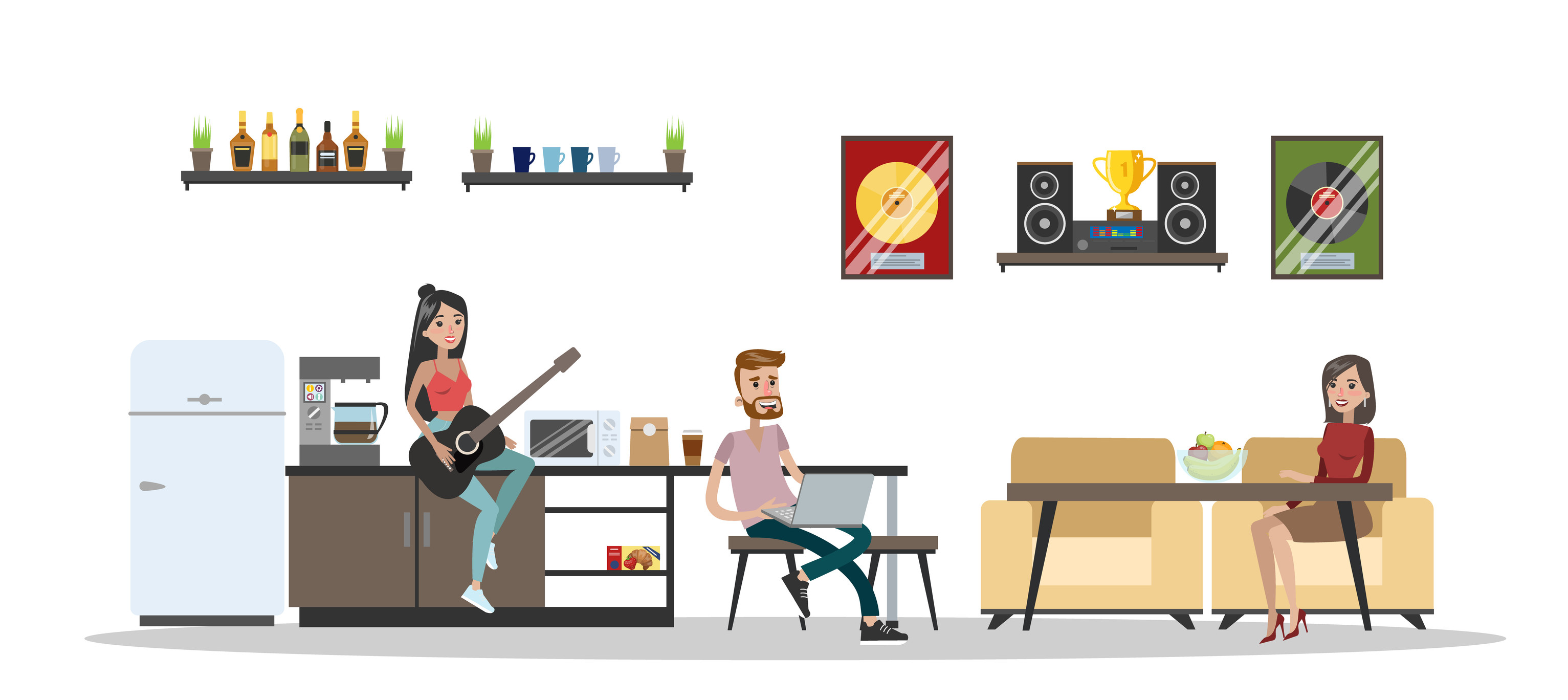 Sound Recording Studio People Sitting In The Kitchen With Music Instruments Woman Guitar Break At