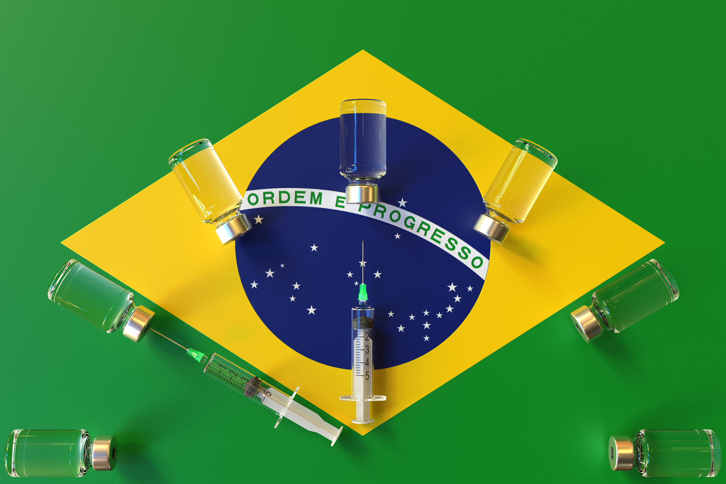 Syringes And Medical Vials On The Brazilian Flag