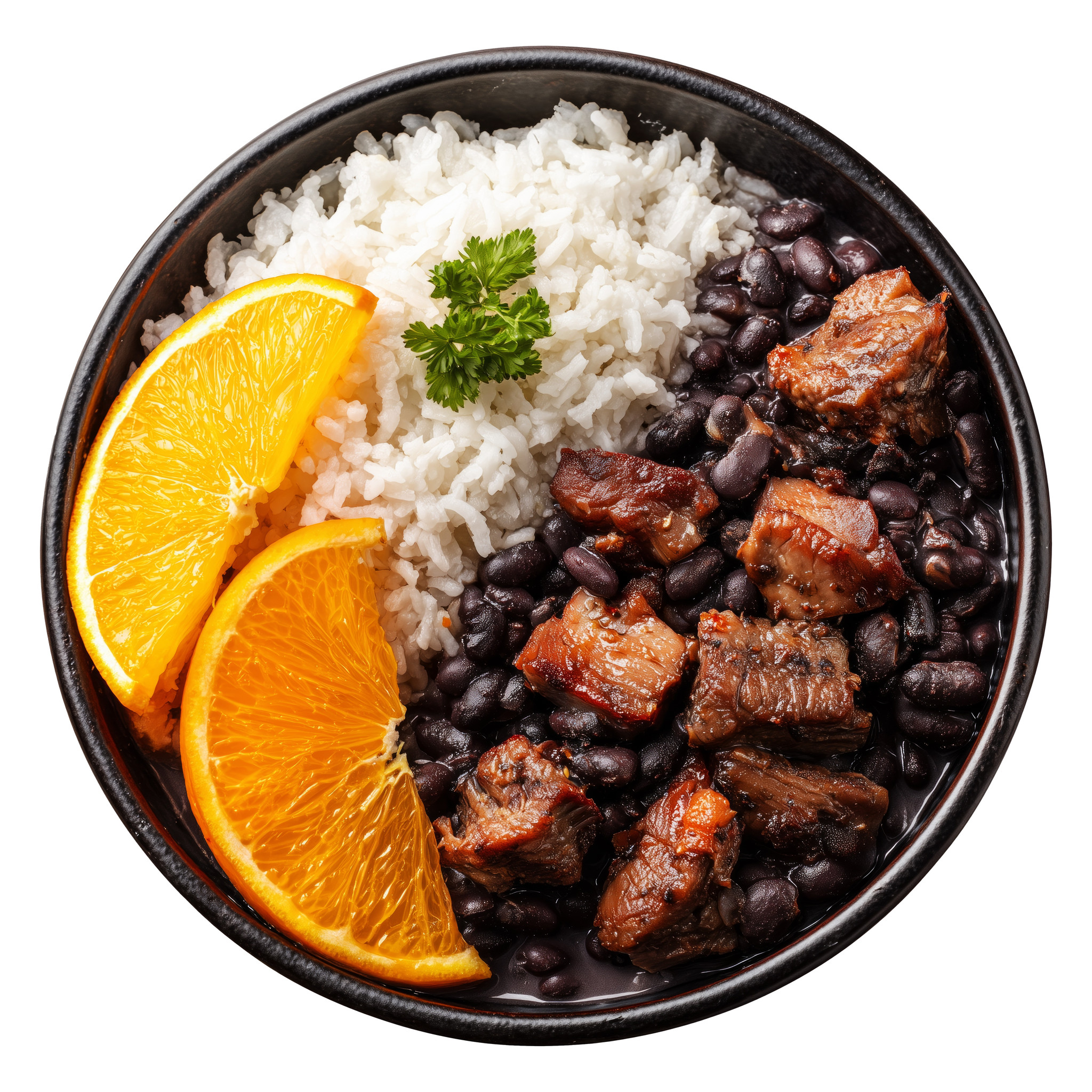 Traditional Brazilian Feijoada Dish With Rice Black Beans Beef Chunks Stew Pork