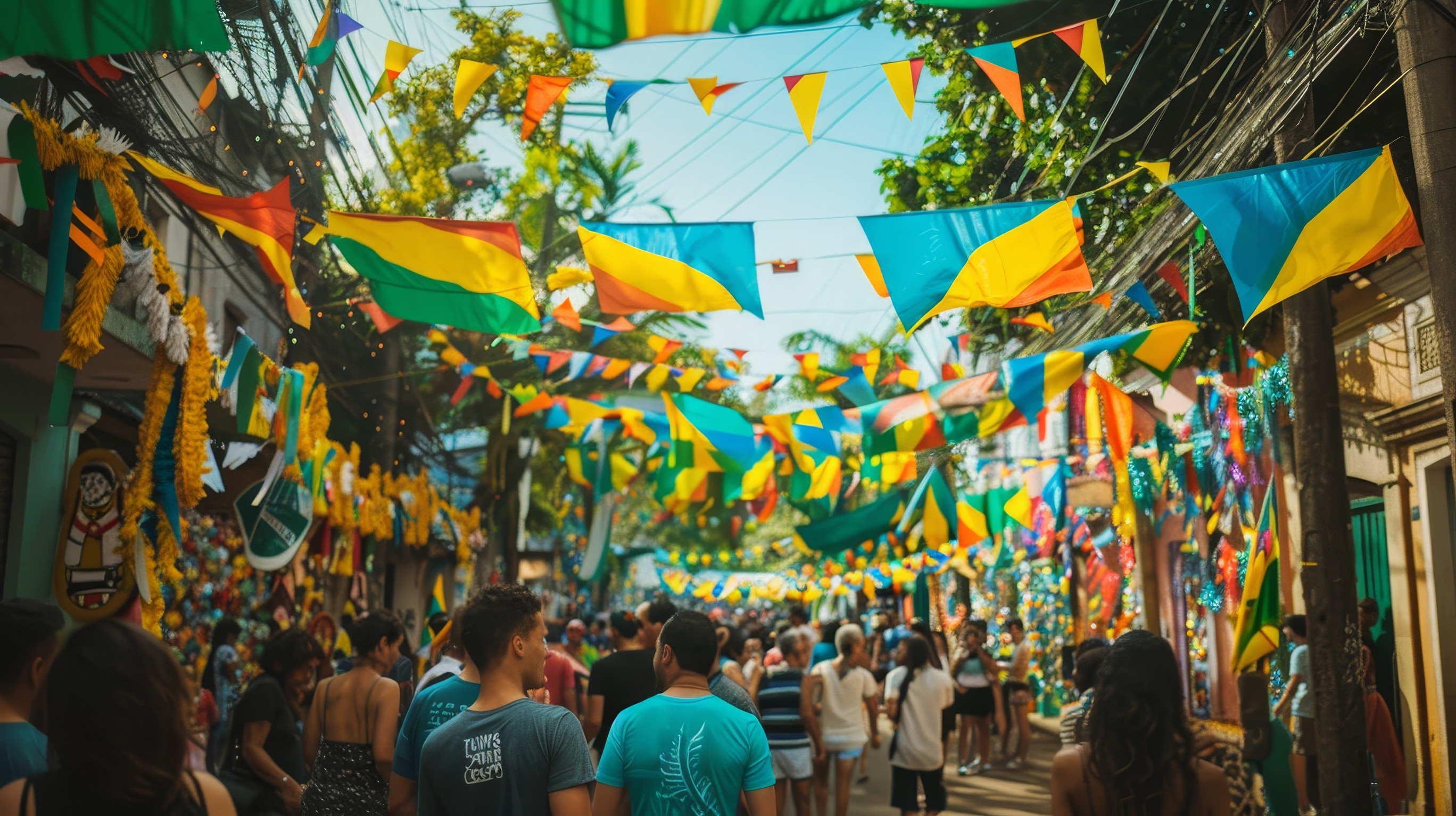 Colourful street festival with hanging flags