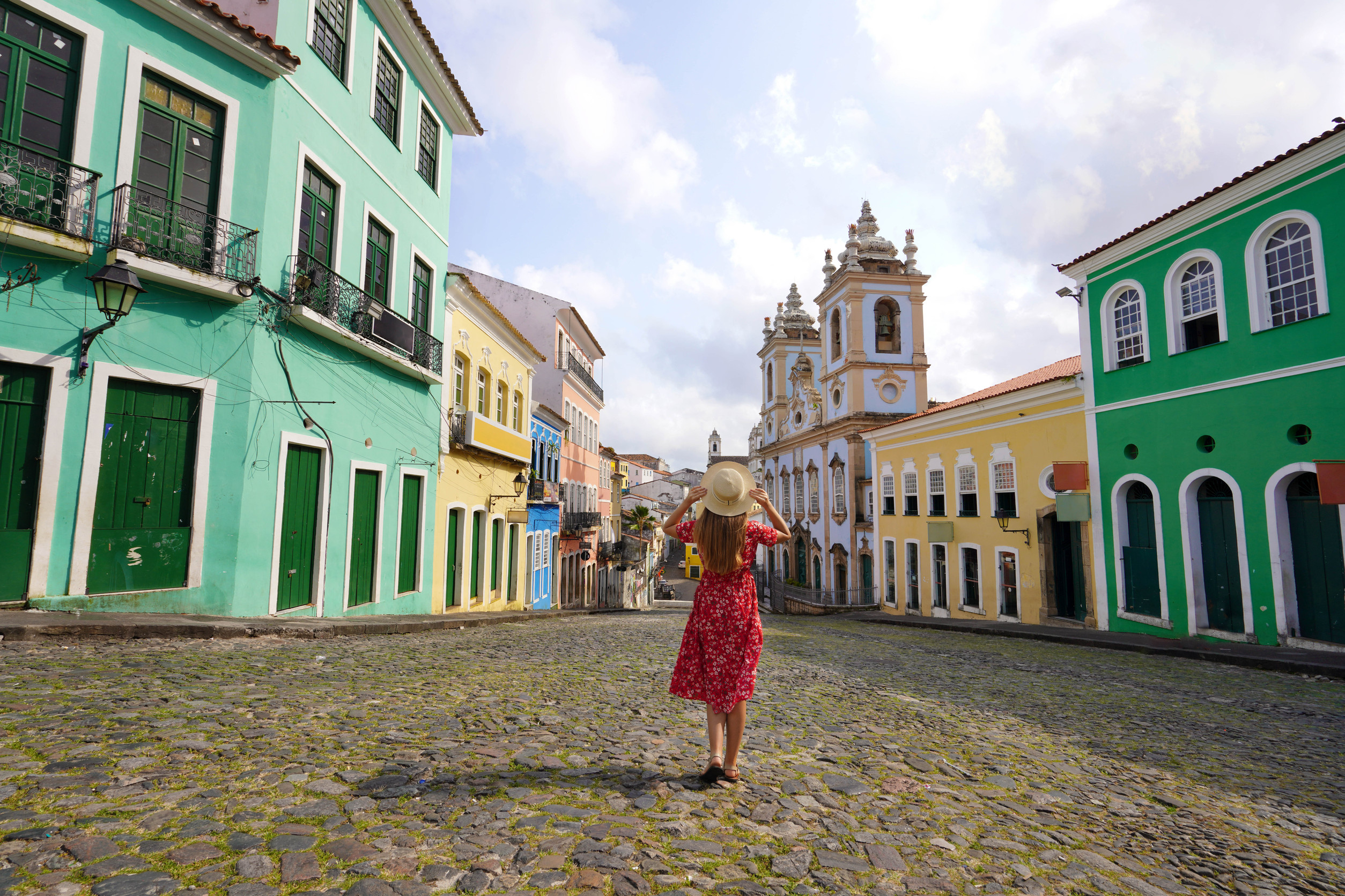 Visiting Salvador De Bahia Brazil Rear View Of Young Tourist Woman